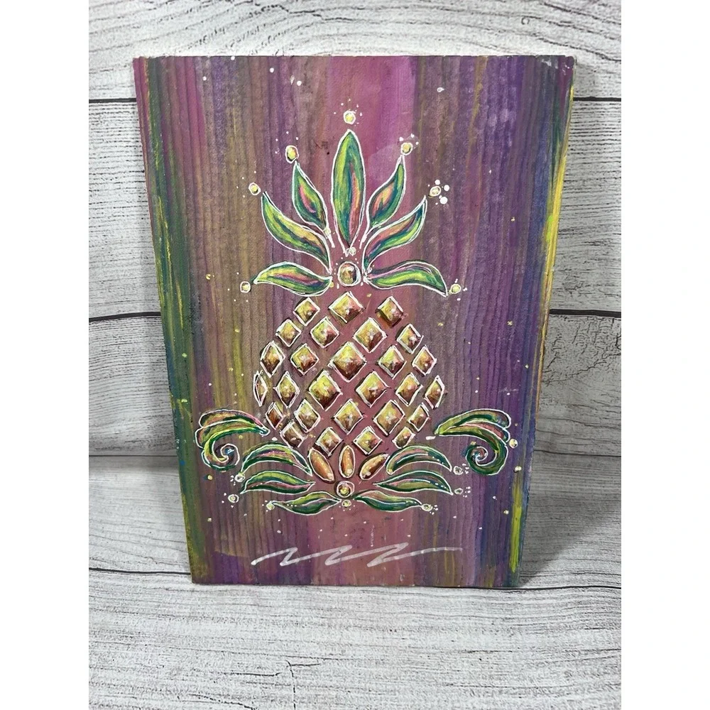 Hand Painted Pineapple Ceramic Wall Art Plaque Tropical Decor 12x8.5